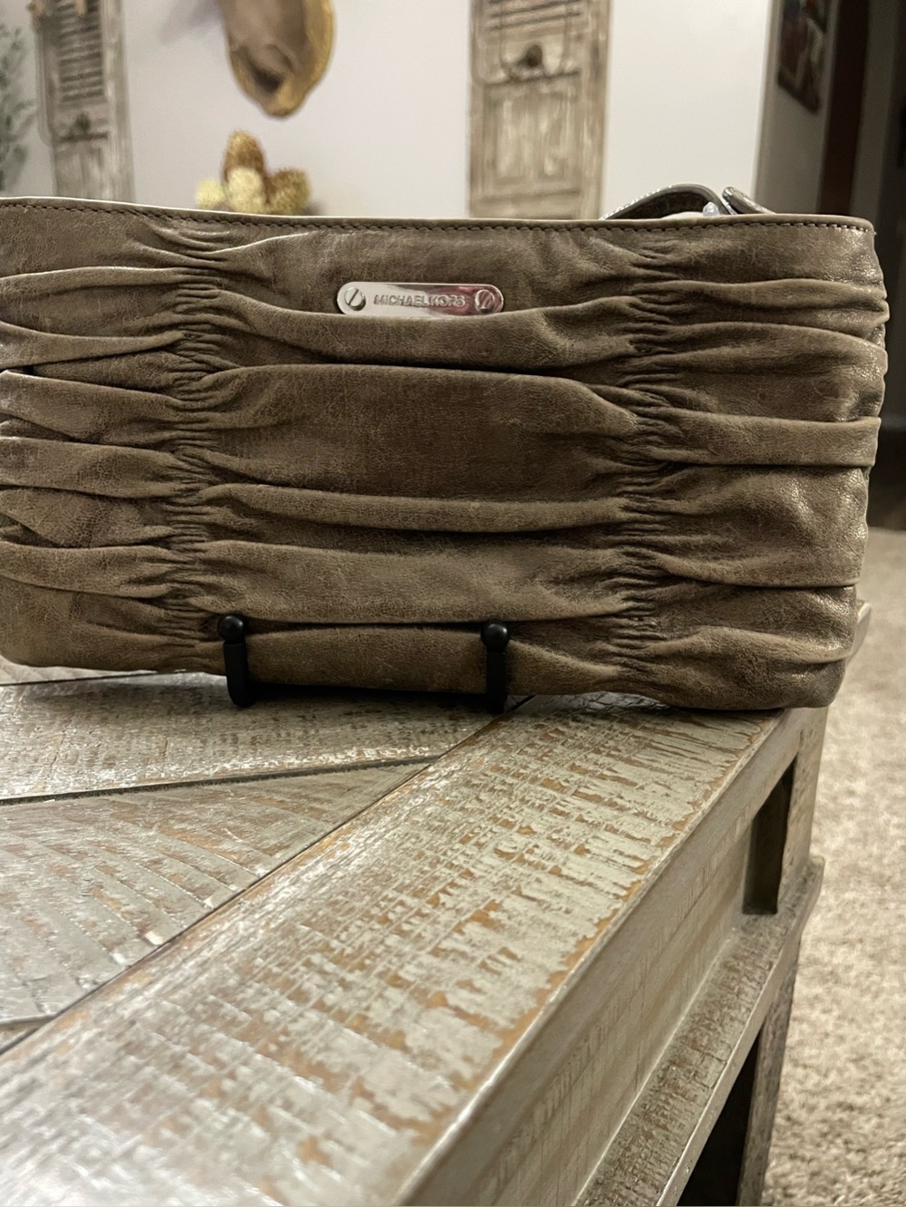 Michael Kors Taupe Ruched Suede Convertible Clutch